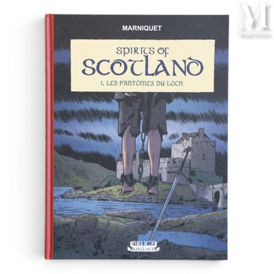 la couverture du livre *Spirits of Scotland*, sur laquelle figurent deux hommes debout devant un château