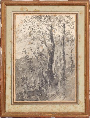 un tableau représentant un paysage boisé avec des arbres au premier plan