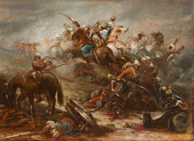 tableau représentant un groupe d'hommes à cheval au milieu d'un champ de terre battue