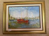 tableau représentant un bateau rouge sur un plan d'eau, avec d'autres bateaux en arrière-plan