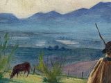 a painting of a man standing in a field with a cow
