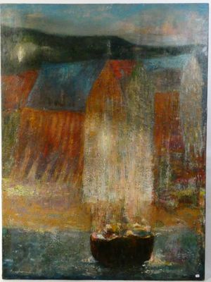 une peinture à l'huile représentant un bateau sur un plan d'eau avec des bâtiments à l'arrière-plan