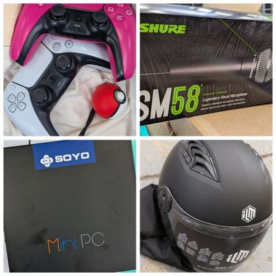 quatre photos différentes représentant un casque, une manette et une boîte