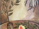 une peinture représentant des pêches et un vase posés sur une table