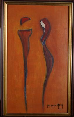 une peinture à l'huile représentant deux fleurs rouges sur un fond orange