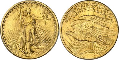 a gold coin with the image of a saint gaudet on it
