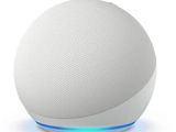 a white smart speaker with a blue light on top of it