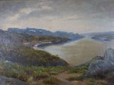 une peinture à l'huile représentant une vue sur un lac et des montagnes
