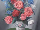 a painting of flowers in a vase on a table