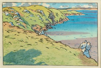 un dessin représentant un homme et une femme assis sur une colline au bord de l'eau