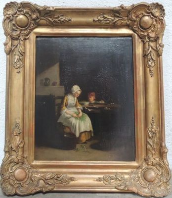 une image représentant un tableau où l'on voit une femme assise à une table avec un enfant