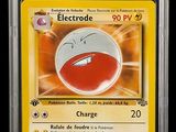 a close up of a pokemon card with a red and white face