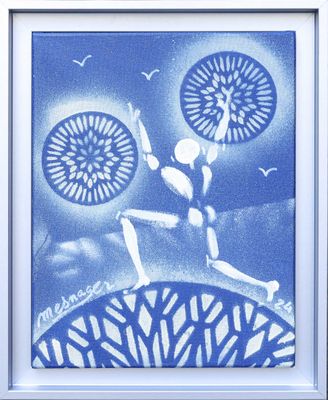 blue and white painting of a man holding two umbrellas in the air