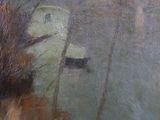 a painting of a horse in a field with trees in the background