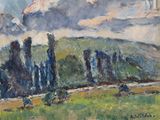 l'image d'une peinture d'un champ avec des arbres en arrière-plan