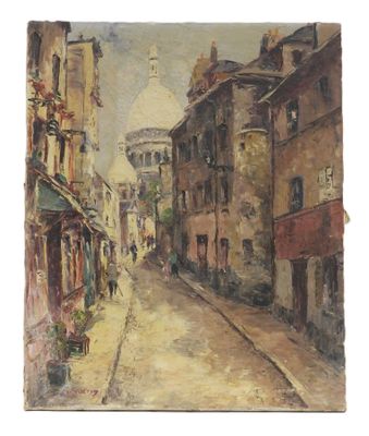 une image représentant une peinture d'une rue avec des bâtiments et un dôme en arrière-plan