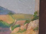 an oil painting of a dirt road with a mountain in the background
