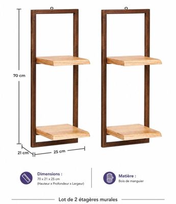 deux étagères avec des tablettes en bois et les dimensions de chaque tablette