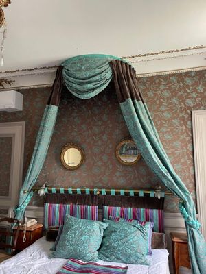 a bed with a canopy in a room with a chandelier