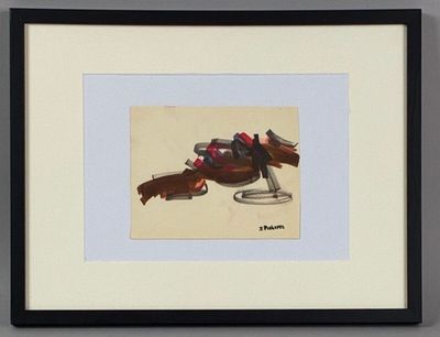 painting of a man on a snowmobile with a dog on the back of it