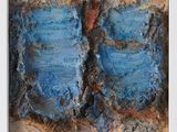 abstract painting of blue and brown shapes in a white frame