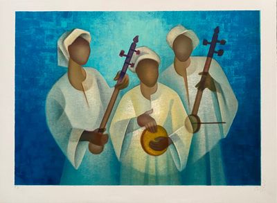 tableau représentant trois femmes avec des instruments devant un fond bleu