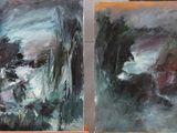 three paintings of different colors and shapes are shown on a table
