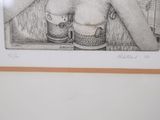 a drawing of a woman holding two beer mugs