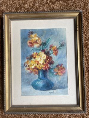 painting of a blue vase with yellow flowers in it on a carpet