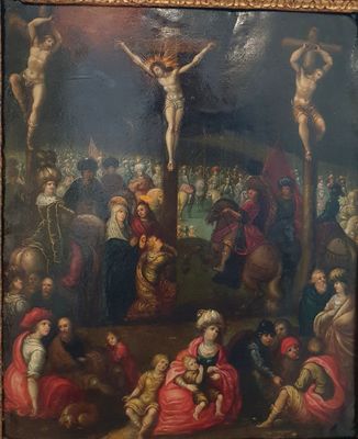 une image représentant un tableau montrant un crucifix entouré d'un groupe de personnes