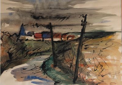 une aquarelle représentant un train sur les rails