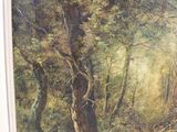 a painting of a path in the woods with trees in the background