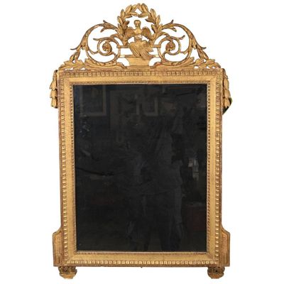 a mirror with a gold frame and a man standing in front of it