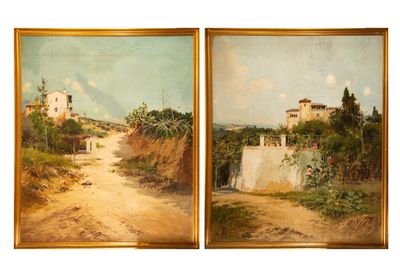deux tableaux représentant un chemin de terre et une maison sur une colline