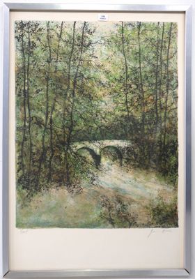 an oil painting of a bridge over a stream in a forest