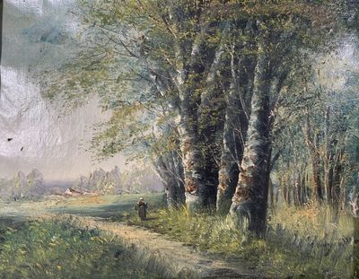 a picture of a painting of a man and a dog in the woods