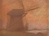 tableau représentant un moulin à vent dans un champ, avec un coucher de soleil en arrière-plan