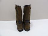 pair of brown leather boots with buckles on a white surface