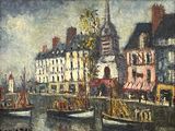 a painting of boats in a harbor with buildings in the background