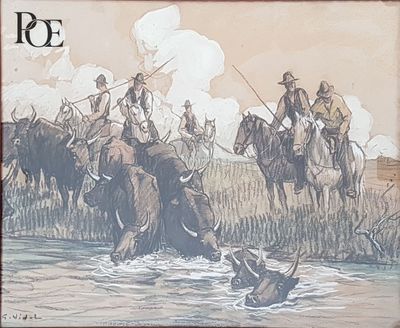 tableau représentant un groupe d'hommes traversant une rivière à dos d'éléphant