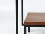 an image of a glass table with a wooden top and metal legs