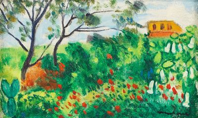 a painting of a house in the middle of a garden
