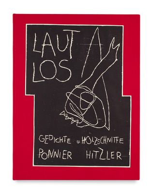 un dessin en noir et blanc sur la couverture d'un livre rouge