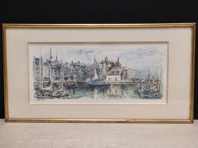 aquarelle encadrée représentant une scène de port avec des bateaux au premier plan