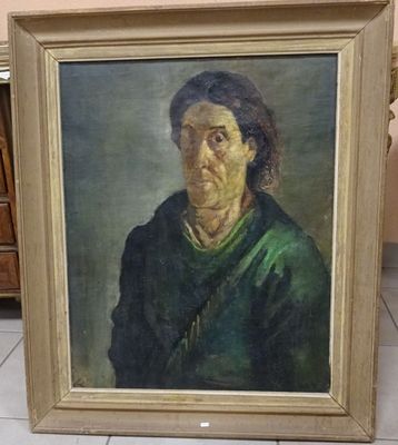 portrait of a woman in a green dress, oil on canvas, signed and dated