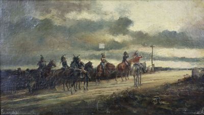 tableau représentant un groupe d'hommes à cheval sur un chemin de terre