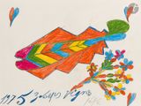 un dessin représentant un cerf-volant et des fleurs posés sur une table