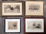 quatre dessins encadrés représentant une ferme et une maison, accrochés au mur