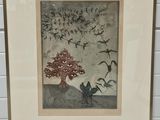 tableau représentant un arbre entouré d'oiseaux en vol, dans un cadre