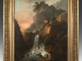 a painting of a waterfall in a mountainous landscape with a castle in the background